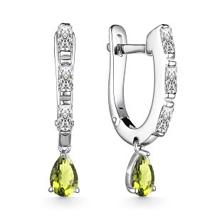 Серьги с хризолитом, фианитом из серебра с английским замком