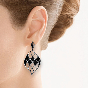 Серьги из серебра с ониксом, фианитом